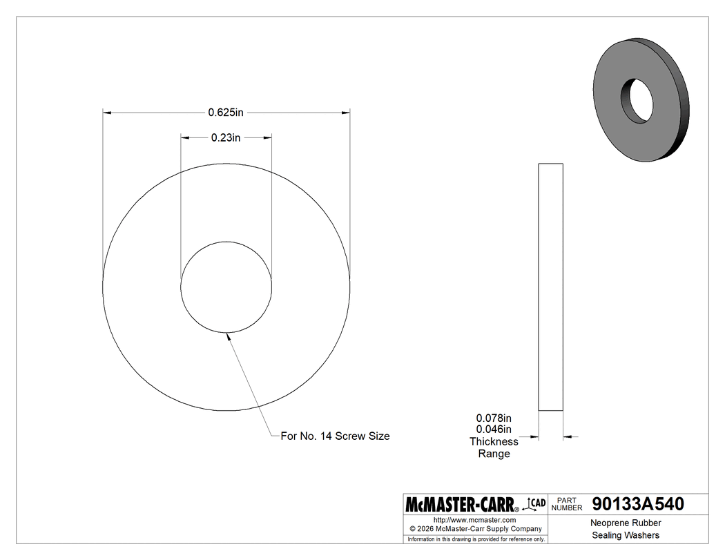Technical Drawing of Neoprene Rubber Sealing Washers, for Number 14 Screw Size, 0.625" OD, 0.046" to 0.078" Thick.